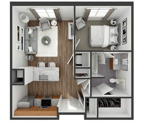 Floor plan for 1 bed, 1 bath, 573 sqft